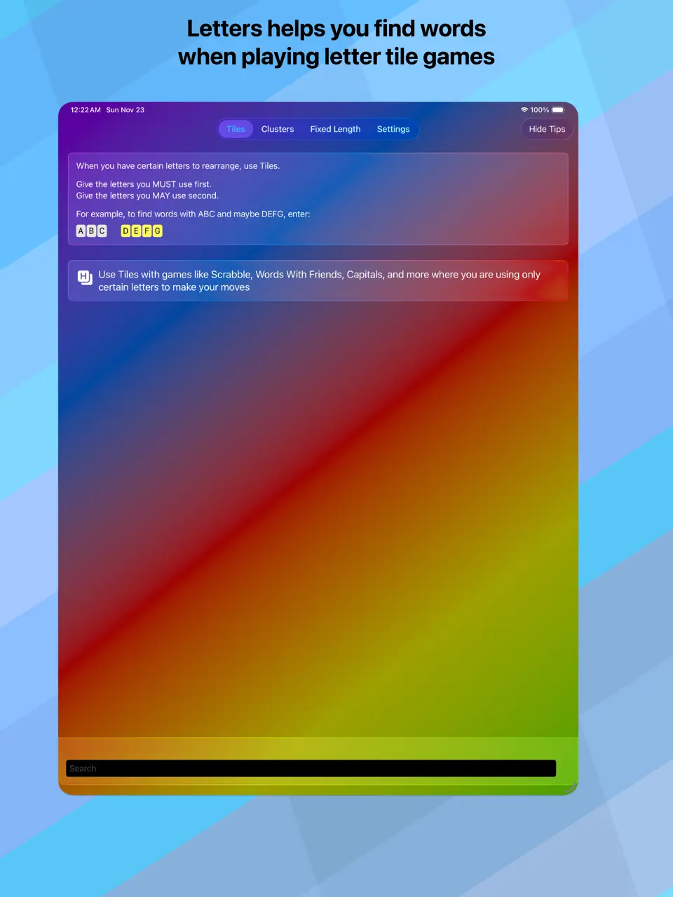 Letters + Words Tiles mode on iPad